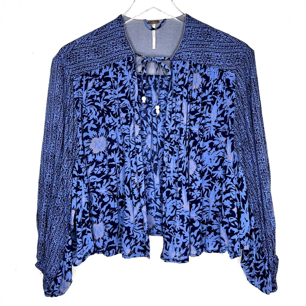Free People Open Front Blouse Tie Neck Balloon Sleeve Blue Floral Print XS